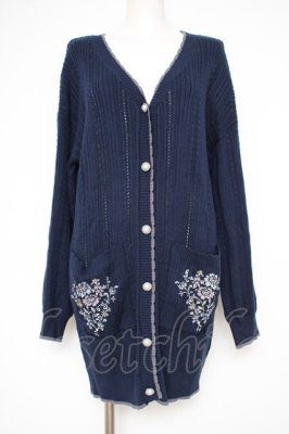 Preview of 花刺繍ロングニットカーデ F 紺