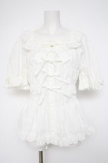 画像1: metamorphose / 【プラスサイズ】スクエアあきシャーリング半袖ブラウス 2 白 Y-26-10-14-063-ME-BL-AS-ZY (1)
