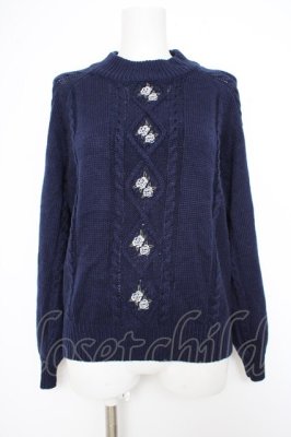 Preview of 花刺繍ボトルネックニットプルオーバー M 紺