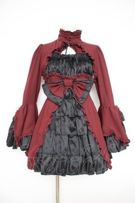 Preview of 姫袖ボレロ付き配色切り替えデコラティブワンピース  ワイン×黒