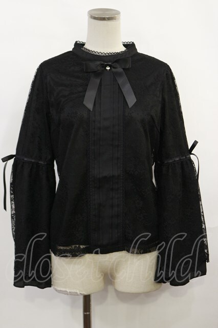 axes femme POETIQUE / リボン付レース姫袖ブラウス M ブラック H-25-03-24-1028-AX-BL-NS-ZH