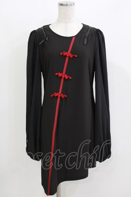 Qutie Frash / チャイナパフスリーブチュニック 黒×赤 H-26-03-14-1053-QU-TO-KB-ZH