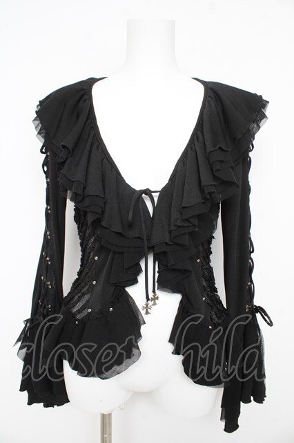 Ozz On / レースアップ異素材フリルカーディガン 黒 Y-26-02-09-108-OO-TO-SZ-ZY