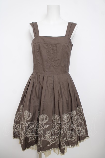 Emily Temple cute / バラ＆ウサギラメ刺繍ノースリーブワンピース M ブラウン Y-26-03-13-124-ET-OP-SZ-ZY