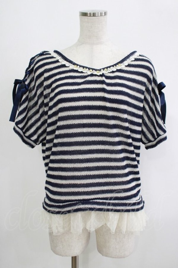 画像1: axes femme / 裾チュールボーダープルオーバー M ネイビー H-25-09-06-031-AX-TO-NS-ZH (1)