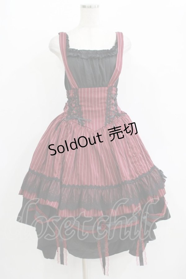 画像1: 逗?（海外ロリータブランド） / ストライプジャンパースカート Free ボルドー H-25-11-01-033-EL-OP-NS-ZH (1)