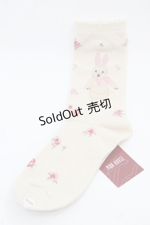 画像1: PINK HOUSE / バラ園うさぎソックス  アイボリー I-25-11-15-111-LO-ZA-SA-ZI (1)