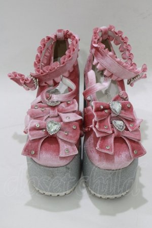 画像: Ank Rouge / キラキラビジューベロアリボン厚底シューズ L/24.0〜24.5cm ピンク H-25-12-23-1082-CA-SH-NS-ZH