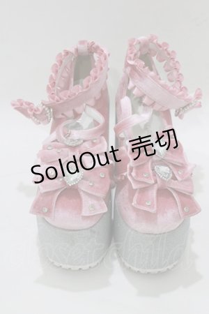 画像: Ank Rouge / キラキラビジューベロアリボン厚底シューズ L/24.0〜24.5cm ピンク H-25-12-23-1082-CA-SH-NS-ZH