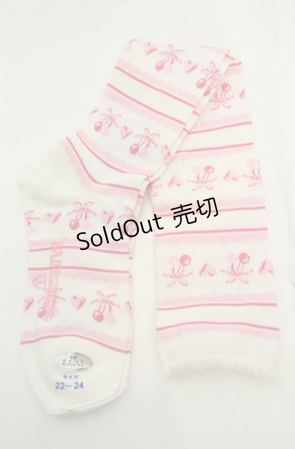 画像2: BABY,THE STARS SHINE BRIGHT / チェリーリボン柄ボーダーオーバーニーソックス  シロ×ピンク O-26-01-30-073-BA-ZA-OW-OS (2)