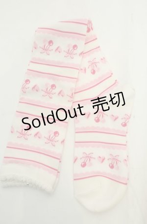 画像: BABY,THE STARS SHINE BRIGHT / チェリーリボン柄ボーダーオーバーニーソックス  シロ×ピンク O-26-01-30-073-BA-ZA-OW-OS