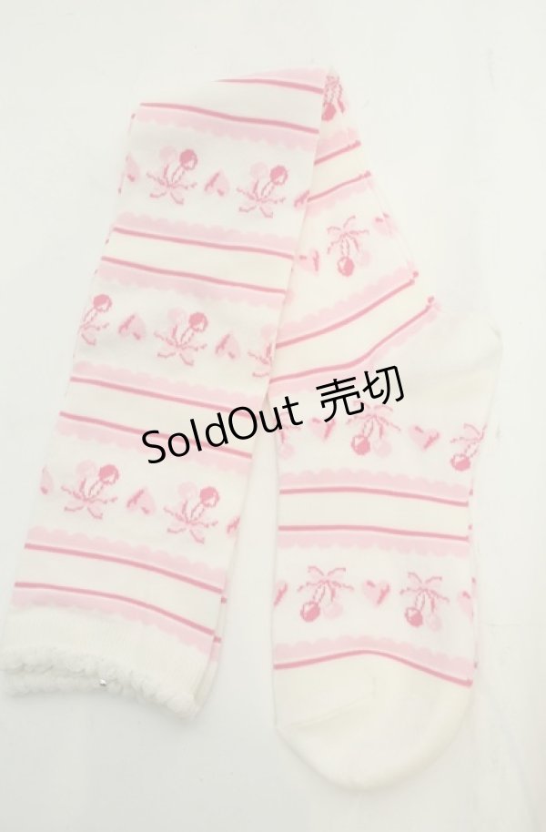 画像1: BABY,THE STARS SHINE BRIGHT / チェリーリボン柄ボーダーオーバーニーソックス  シロ×ピンク O-26-01-30-073-BA-ZA-OW-OS (1)