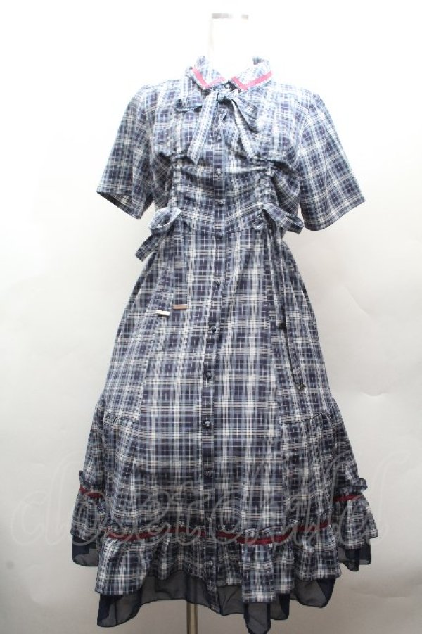 画像1: axes femme / リボンｘチェック柄ワンピース  ブルー S-26-04-12-038-AX-OP-HR-ZS (1)