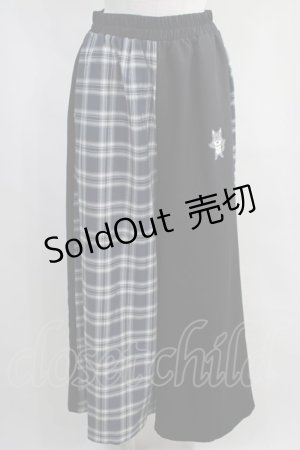 画像: NieR Clothing / がおまるプリントチェック切替パンツ  黒×青 H-24-04-06-003-PU-PA-KB-ZH