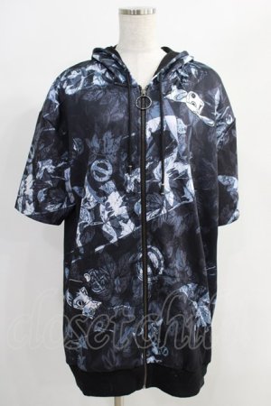 画像: NieR Clothing / 総柄ZIP半袖パーカー  黒 H-25-05-11-1030-PU-TO-KB-ZH