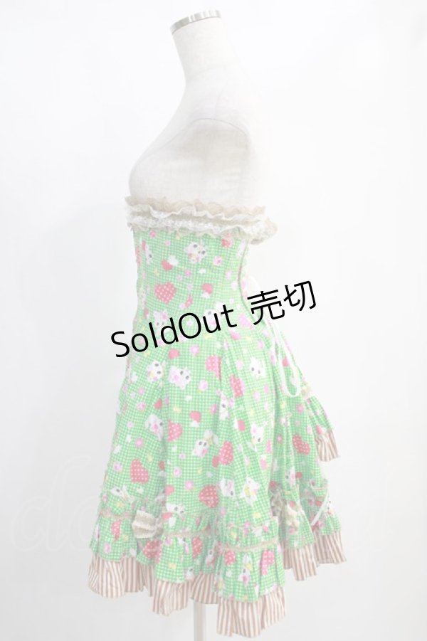 画像2: 危機裸裸商店 / 子猫とチェックのフリルコルセットスカート  グリーン H-25-01-13-020-GO-SK-KB-ZH (2)