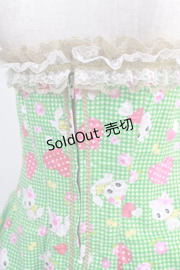 画像5: 危機裸裸商店 / 子猫とチェックのフリルコルセットスカート  グリーン H-25-01-13-020-GO-SK-KB-ZH (5)