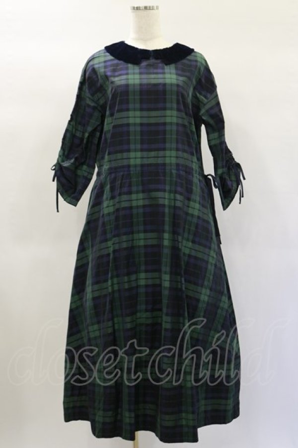 画像1: Jane Marple Dans Le Salon / メモリアルチェックベルベットカラードレス  グリーン×ネイビーチェック H-25-01-20-1073-JM-OP-KB-ZT084 (1)