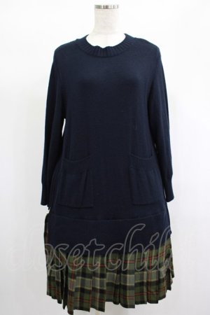 画像: Jane Marple Dans Le Salon / ニットとTartan checkのトロンプルイユドレス  ネイビー×カーキ H-25-01-21-1027-JM-OP-KB-ZT084