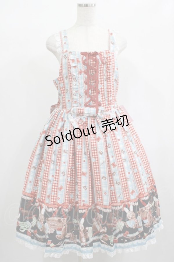 画像1: metamorphose//【プラスサイズ】Happy Sewing Time フリルジャンパースカート+ヘッドドレスセット プラスサイズ サックス赤系(Saxe Blue/Red) H-25-02-06-016-GO-OP-NS-ZH (1)