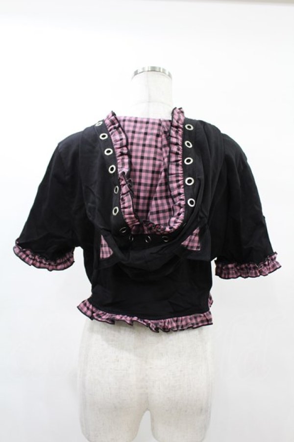 画像2: DARK IN LOVE / Gothic lolita pink plaid cat ear hoody cape XL ブラック×ピンク H-25-02-21-1046-PU-TO-KB-OS (2)