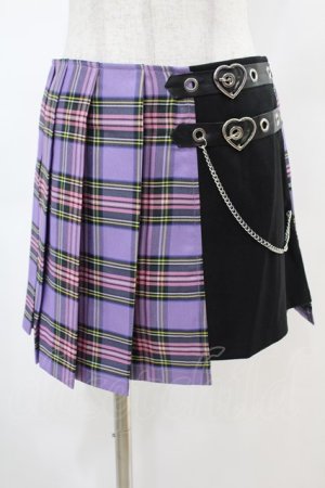 画像: DARK IN LOVE / Punk purple checked splicing black pleated skirt S パープル×ブラック H-25-02-22-1008-PU-SK-KB-ZY