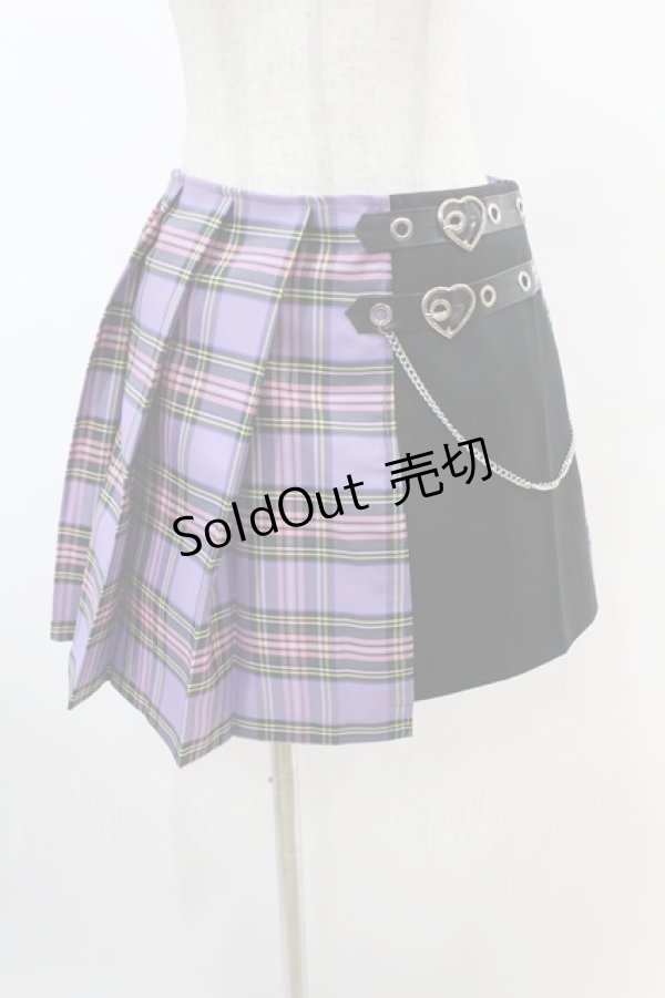 画像1: DARK IN LOVE / Punk purple checked splicing black pleated skirt L パープル×ブラック H-25-02-22-1005-PU-SK-KB-ZS (1)
