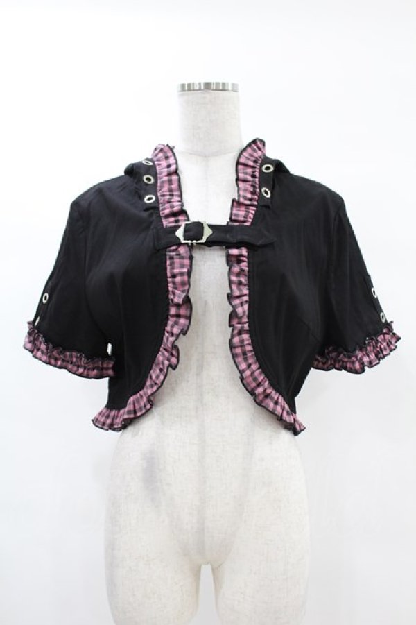 画像1: DARK IN LOVE / Gothic lolita pink plaid cat ear hoody cape XL ブラック×ピンク H-25-02-24-1043-PU-TO-KB-ZY (1)