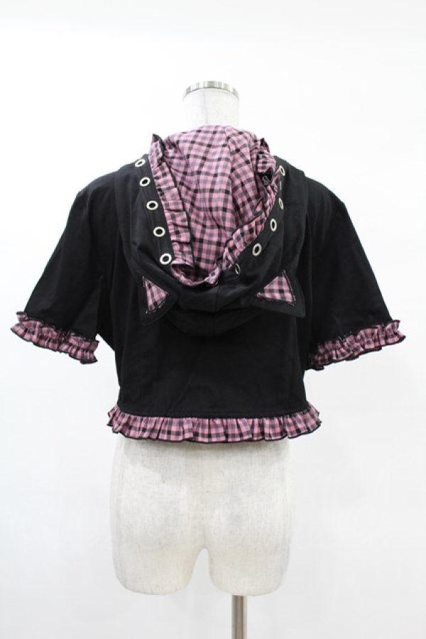 画像2: DARK IN LOVE / Gothic lolita pink plaid cat ear hoody cape XL ブラック×ピンク H-25-02-24-1043-PU-TO-KB-ZY (2)