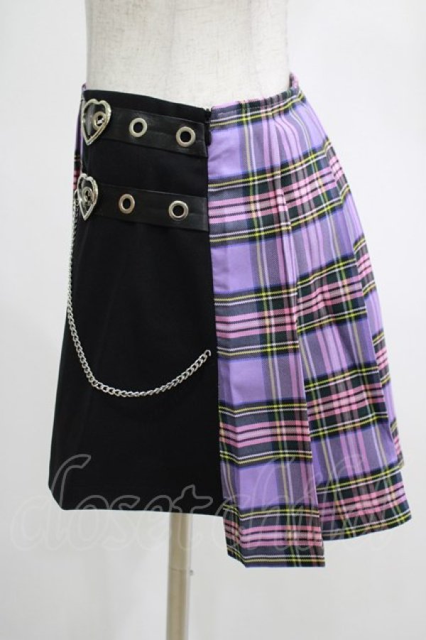 画像2: DARK IN LOVE / Punk purple checked splicing black pleated skirt S パープル×ブラック H-25-02-25-046-PU-SK-KB-OS (2)
