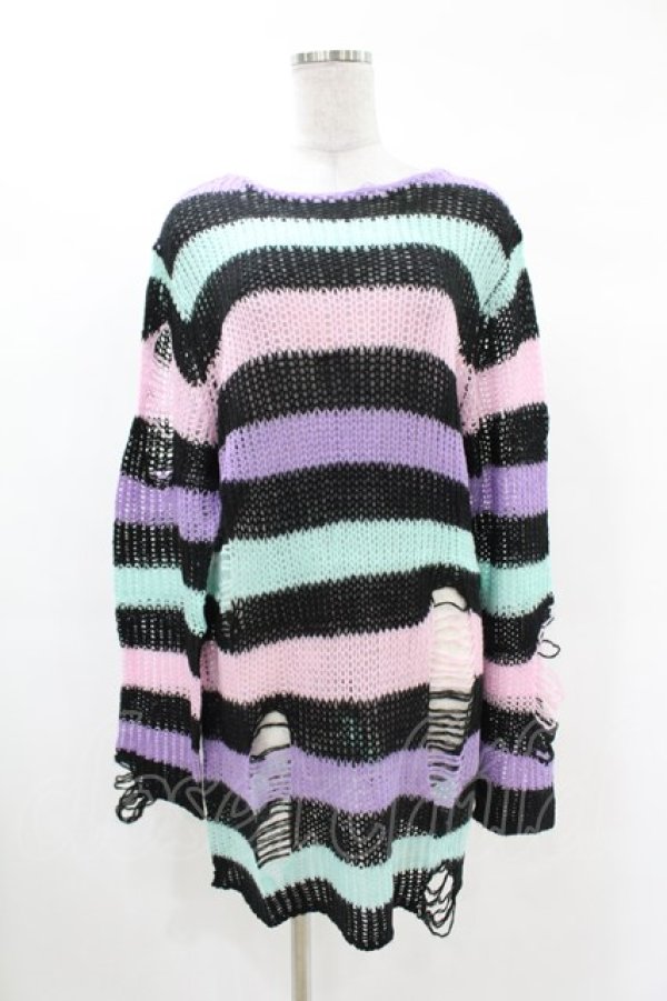 画像1: KILL STAR / Pastel Punk Knit Sweater S 黒×ピンク×パープル×ミント H-25-02-28-1056-SL-TO-KB-ZH (1)