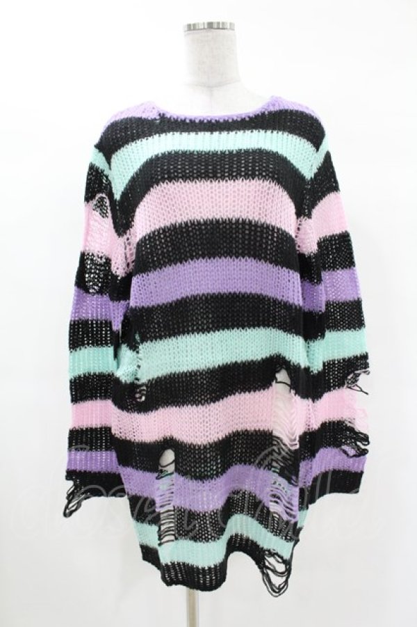 画像1: KILL STAR / Pastel Punk Knit Sweater S 黒×ピンク×パープル×ミント H-25-02-28-1061-SL-TO-KB-ZH (1)