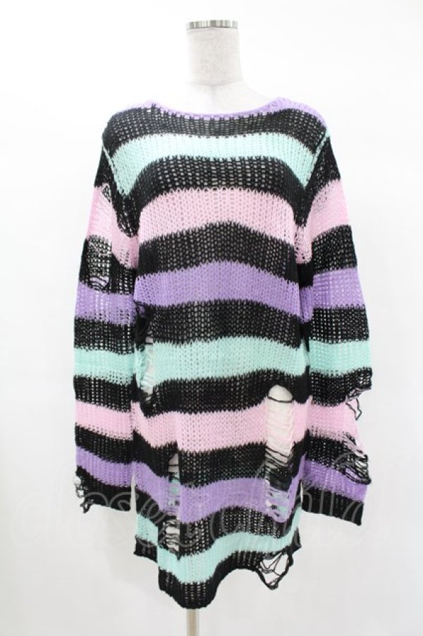 画像1: KILL STAR / Pastel Punk Knit Sweater XS 黒×ピンク×パープル×ミント H-25-02-28-1064-SL-TO-KB-ZH (1)