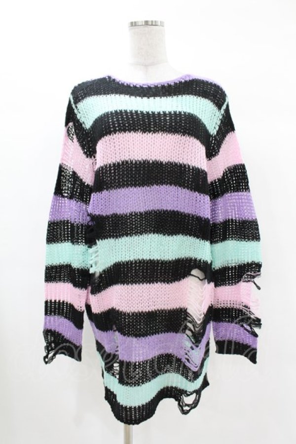 画像1: KILL STAR / Pastel Punk Knit Sweater XS 黒×ピンク×パープル×ミント H-25-02-28-1065-SL-TO-KB-ZH (1)