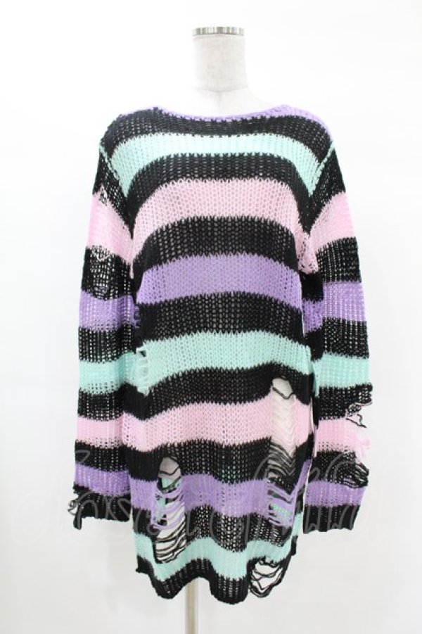 画像1: KILL STAR / Pastel Punk Knit Sweater XS 黒×ピンク×パープル×ミント H-25-02-28-1066-SL-TO-KB-ZH (1)