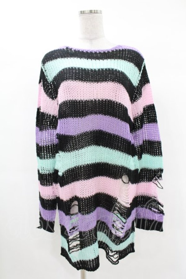 画像1: KILL STAR / Pastel Punk Knit Sweater XS 黒×ピンク×パープル×ミント H-25-02-28-1067-SL-TO-KB-ZH (1)