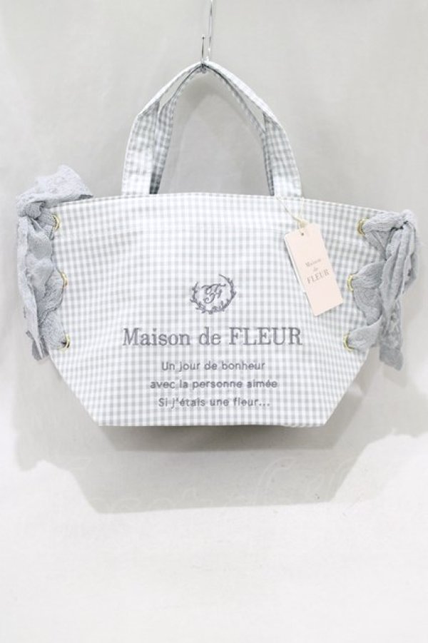 画像1: Maison de FLEUR / ギンガムチェックレースサイドリボントート  グレー H-25-03-03-048-LO-BG-NS-ZH (1)