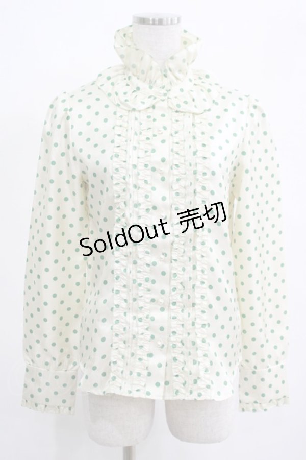 画像1: Jane Marple / ドットフリルブラウス  アイボリー×グリーン H-25-03-23-015-JM-BL-KB-ZH (1)