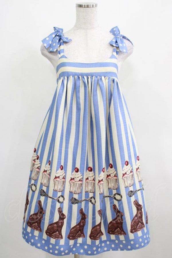 画像1: Emily Temple cute / うさぎチョコストライプショルダーリボンワンピース  サックス H-25-03-24-021-ET-OP-KB-ZH (1)