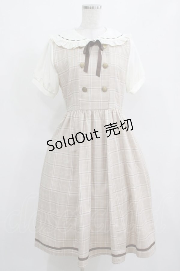 画像1: axes femme POETIQUE / ダブルボタンチェック半袖ワンピース M ベージュ H-25-03-27-011-AX-OP-NS-ZH (1)