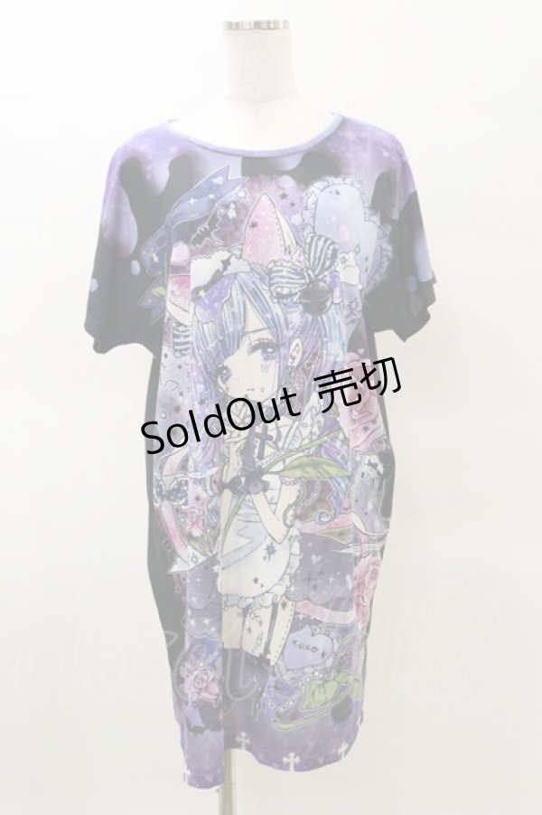 画像1: Royal Princess Alice / RuRu cat総柄ワンピースTシャツ free ブラック/パープル H-25-03-29-1049-LO-OP-IW-ZH (1)