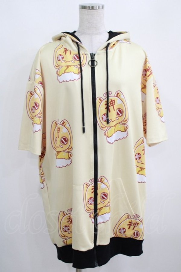 画像1: NieR Clothing / 総柄ZIP半袖パーカー  黄 H-25-03-31-040-PU-TO-KB-ZH (1)