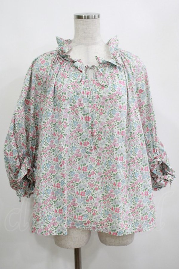 画像1: Jane Marple Dans Le Salon / Lawn Liberty Bubble Sleeve Blouse  オフ×ピンク×ブルー H-25-04-04-065-JM-BL-KB-ZH (1)