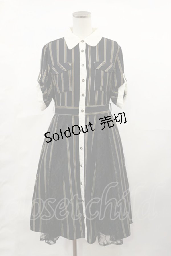 画像1: axes femme / マルチストライプ半袖ワンピ M ブラック H-25-04-09-1027-AX-OP-NS-ZH (1)