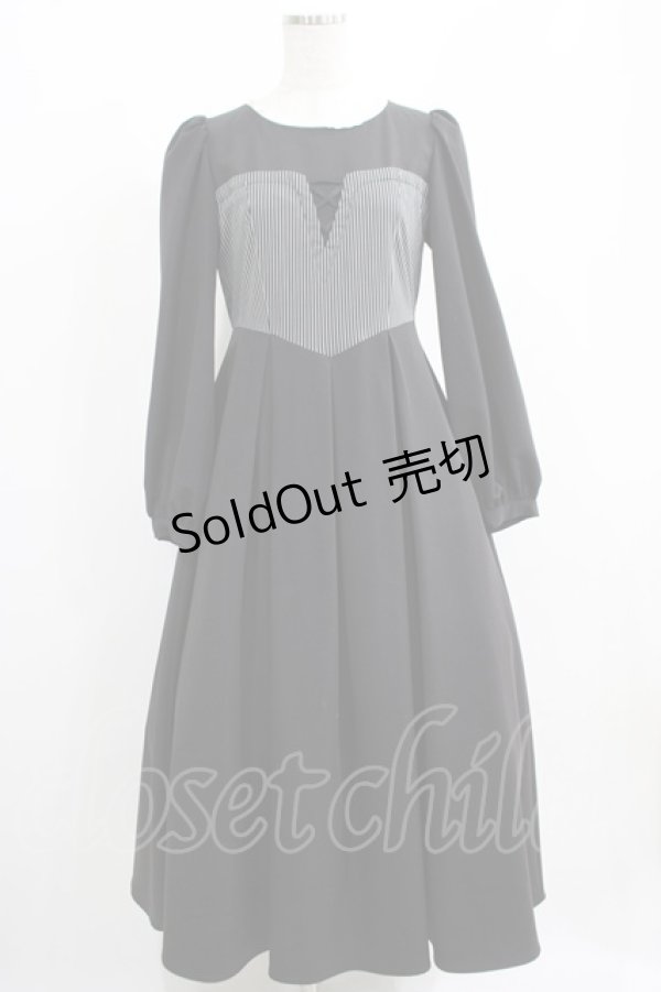 画像1: Maison de FLEUR Petite Robe canone / 森でワルツをワンピース（ストライプ） M ブラック H-25-04-10-1007-EL-OP-NS-ZH (1)