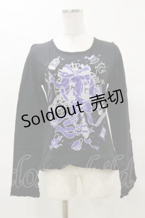 画像: PUTUMAYO / プリントフリル長袖カットソー  黒×紫 H-25-04-11-1030-PT-TO-KB-ZH