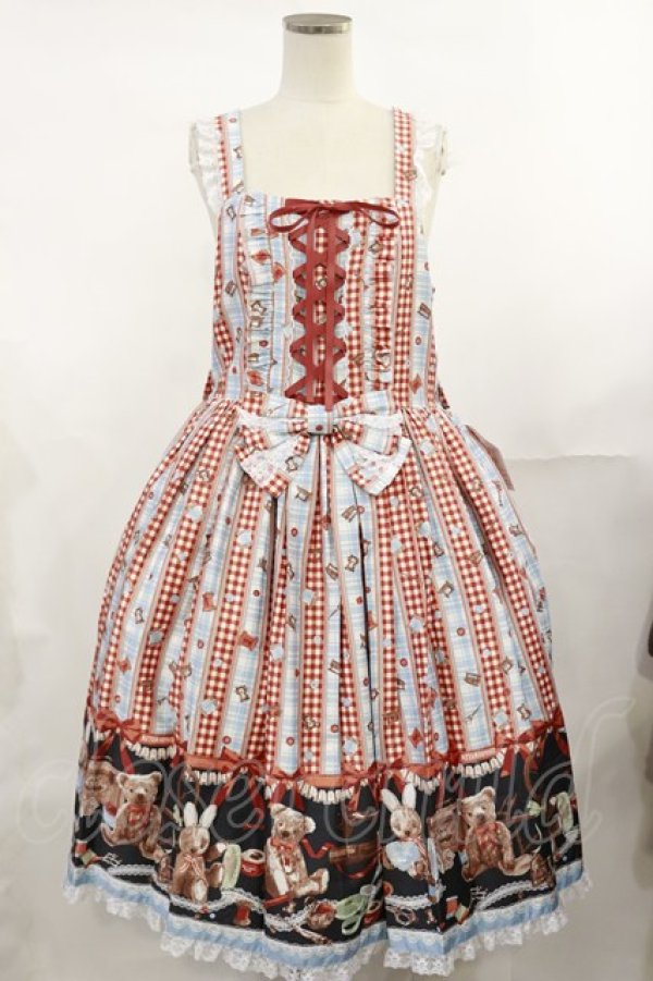 画像1: metamorphose / 【プラスサイズ】Happy Sewing Time フリルジャンパースカート+ヘッドドレスセット プラスサイズ サックス赤系(Saxe Blue/Red) H-25-04-12-1042-ME-OP-NS-ZH (1)