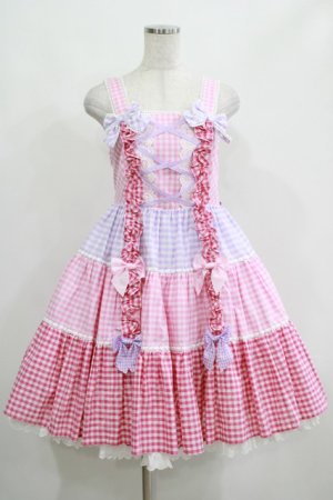 画像: Angelic Pretty / ギンガム配色肩リボンジャンパースカート Free ピンク/ラベンダー H-25-04-17-1009-AP-OP-NS-ZH
