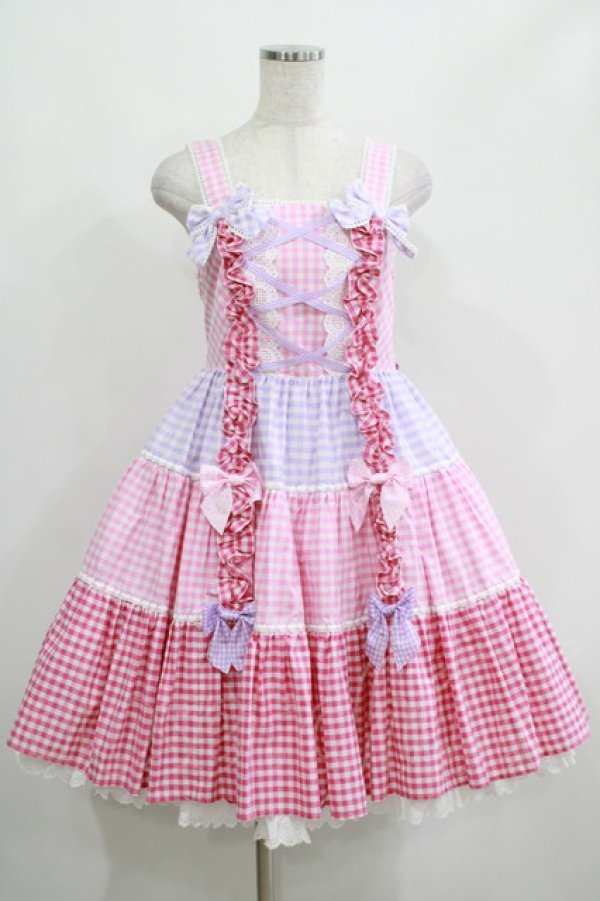 画像1: Angelic Pretty / ギンガム配色肩リボンジャンパースカート Free ピンク/ラベンダー H-25-04-17-1009-AP-OP-NS-ZH (1)