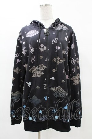画像: NieR Clothing / 総柄ZIPパーカー  黒 H-25-04-18-060-PU-TO-KB-ZH